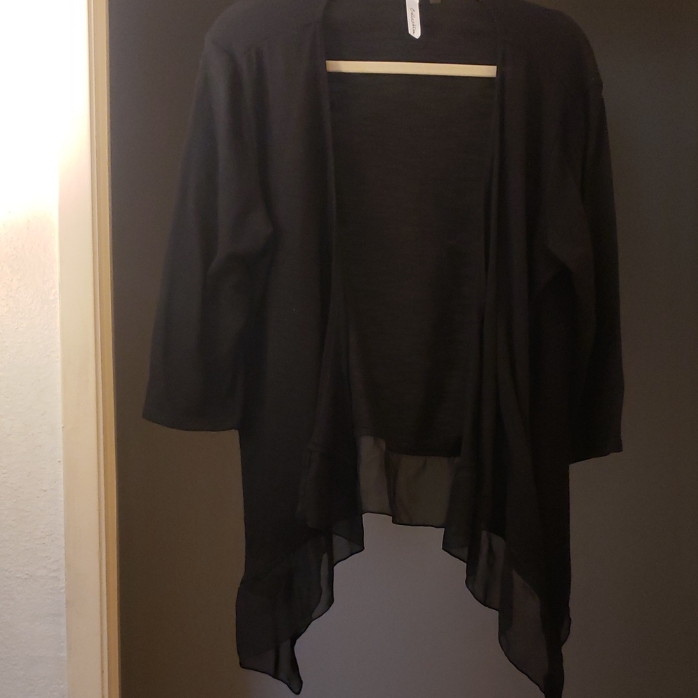 Black Open-Front Lightweight Cardigan with Chiffon uneven Hem